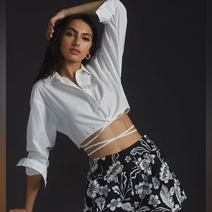 Anthropologie Cropped Tie Criss Cross Buttondown White Blouse Shirt XS 0 2 4